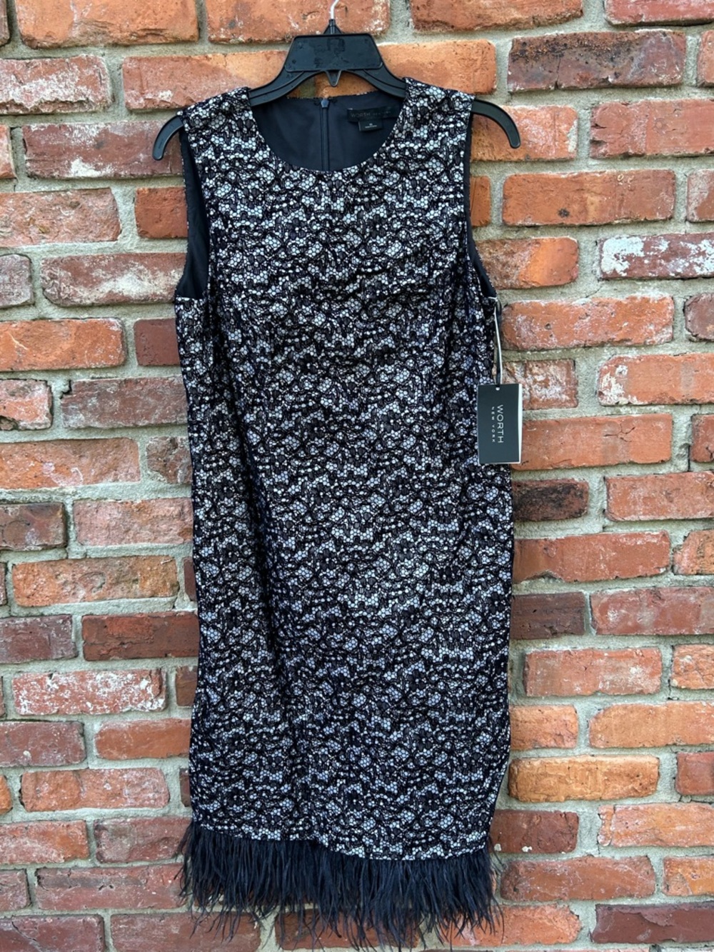 Worth New York Black Metallic Tweed Sheath Dress with Feather Hem Size 10